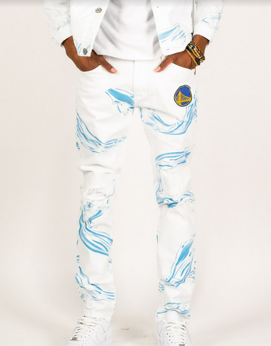 NBA CLOUD PRINTED DENIM JEAN - WARRIORS - WHITE