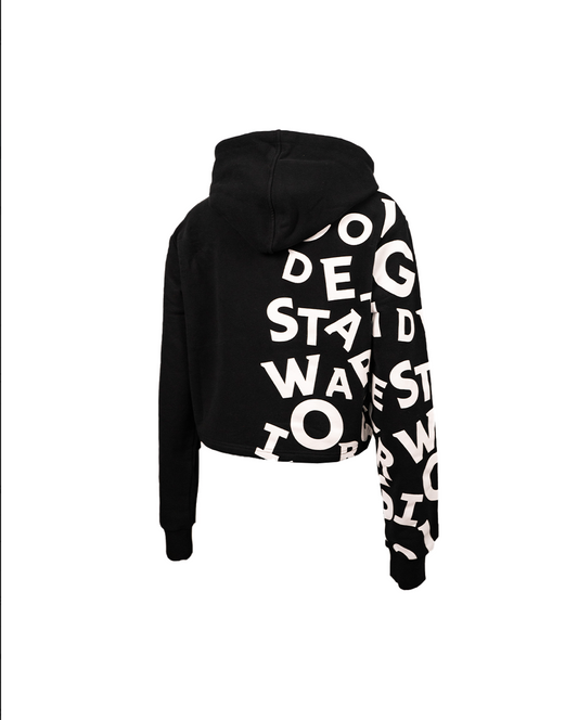 Jumble Print Crop Hoodie - WARRIORS - BLK